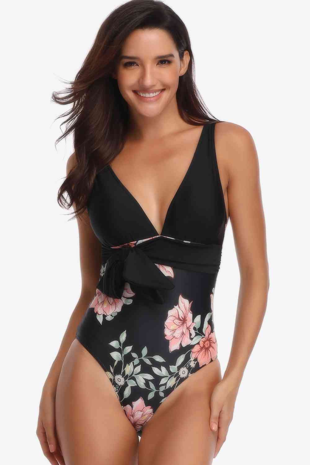 Floral Tied One-Piece Swimsuit - T - 1 COLOR -