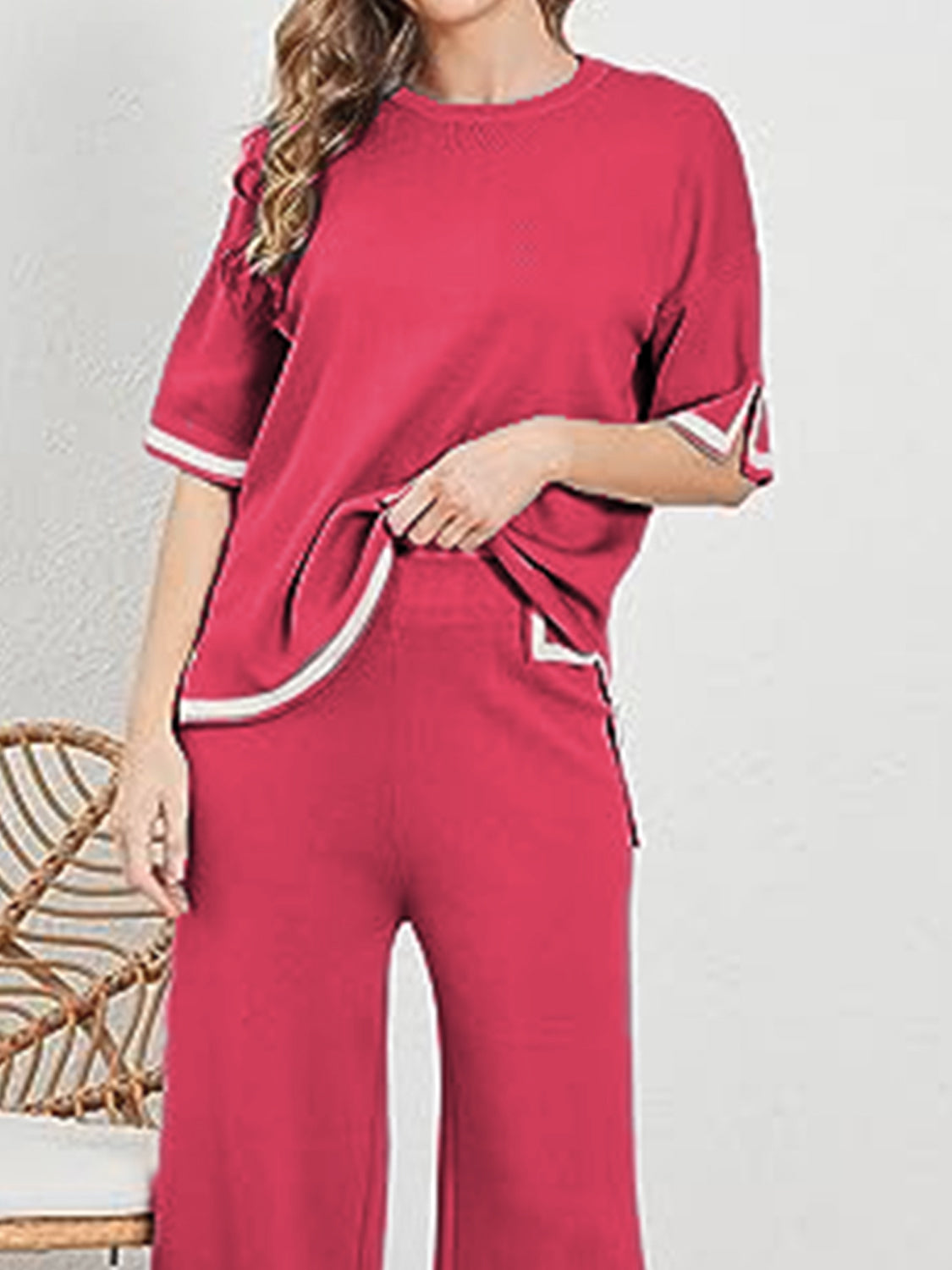 Contrast High-Low Sweater and Knit Pants Set - T - 7 COLORS -