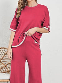 Thumbnail for Contrast High-Low Sweater and Knit Pants Set - T - 7 COLORS -