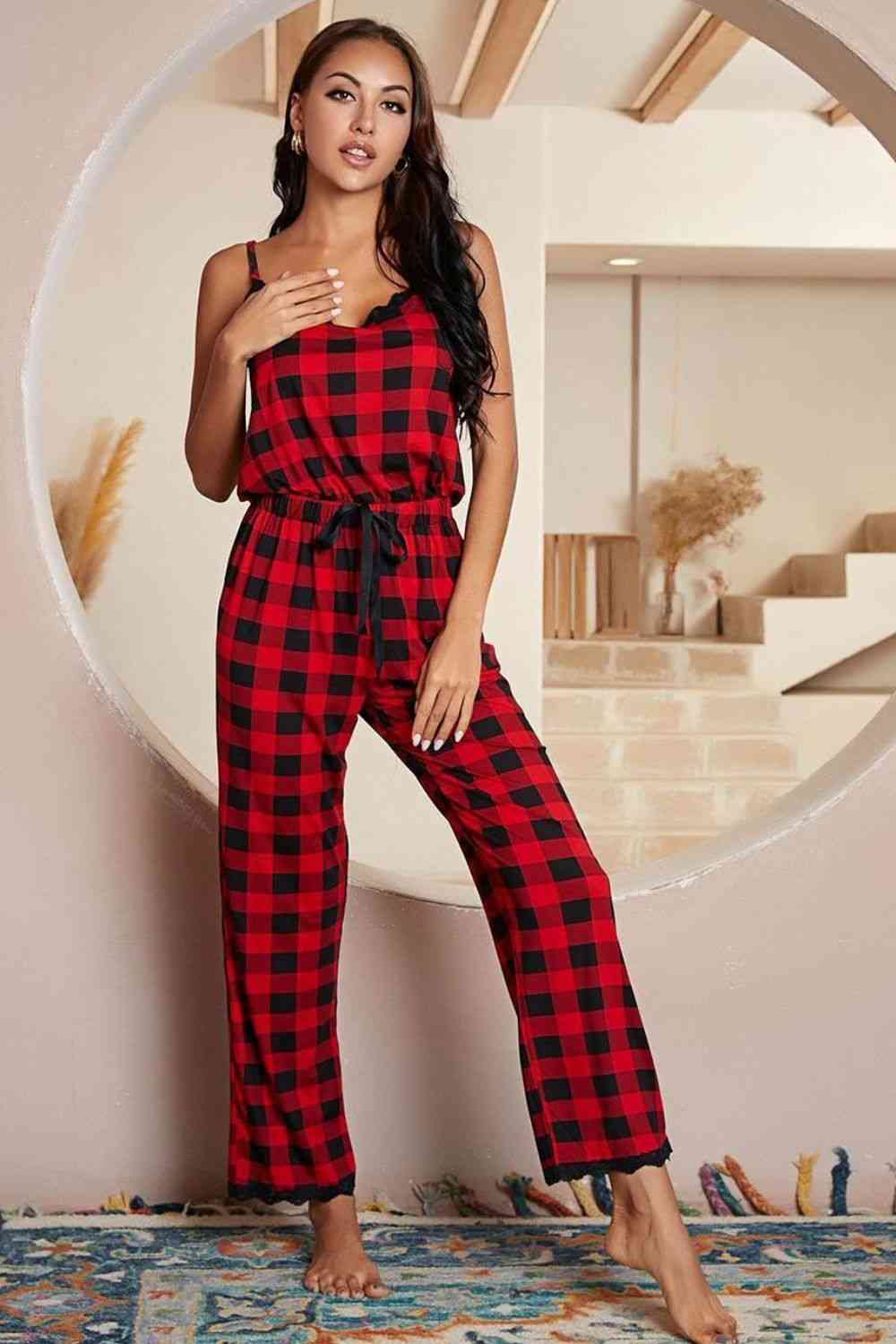 Plaid Lace Trim Spaghetti Strap Jumpsuit - T - 1 COLOR -