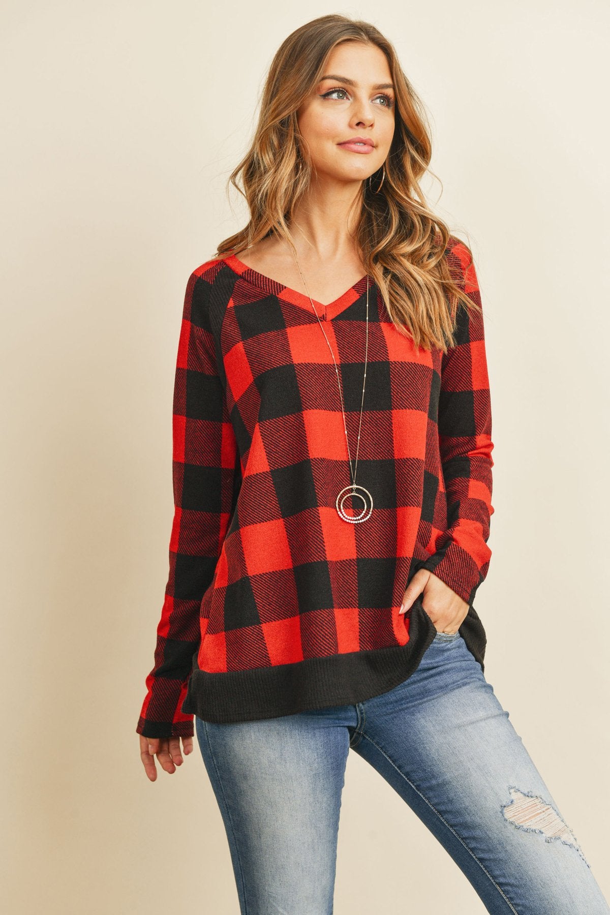 Riah Fashion - Checker Plaid V-Neck Long Sleeve Top - 2 COLORS -