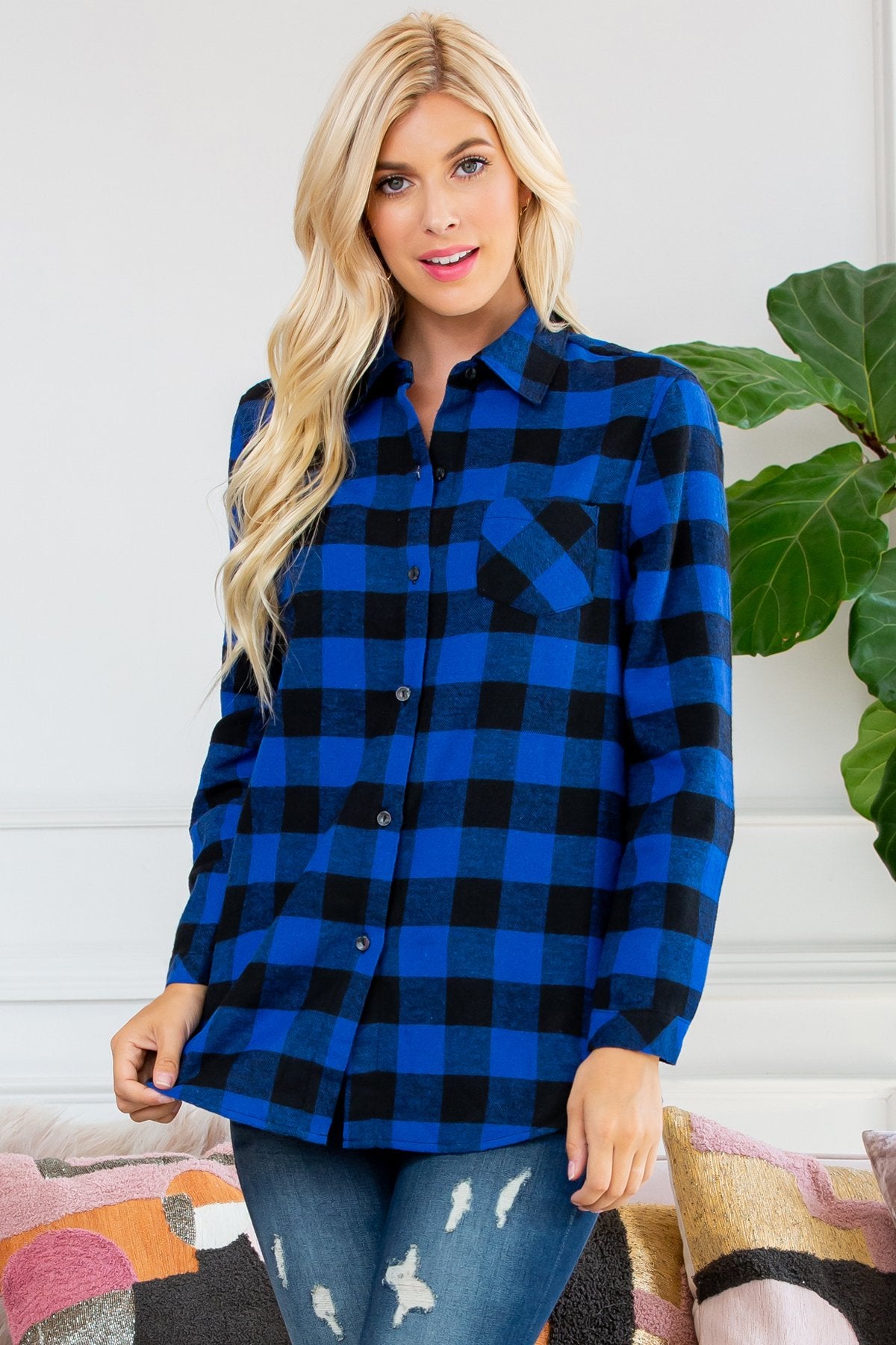 Riah Fashion - Sherpa Lined Plaid Flannel Top - 5 COLORS -