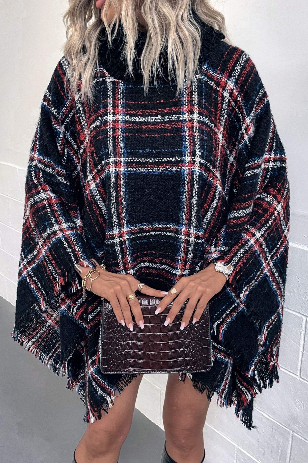 Plaid Turtleneck Fringe Hem Poncho - T - 6 COLORS -