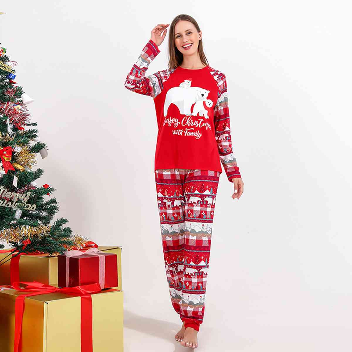 WOMEN Bear Graphic Top and Printed Pants Set - T -