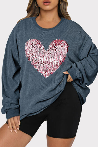 Plus Size Heart Sequin Round Neck Sweatshirt - SIZES 1XL THRU 3XL - T - 3 COLORS -