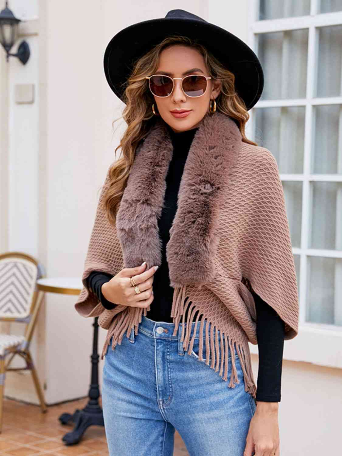 Open Front Fringe Hem Poncho - T - 6 COLORS -