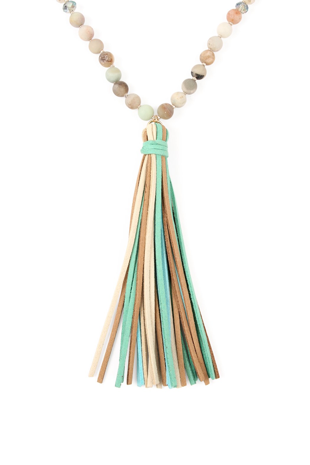 Riah Fashion - Colorful Natural Stone Glass Beads Leather Tassel Necklace - 7 COLORS -