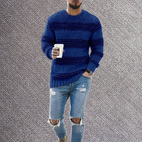 Thumbnail for Men's fitted striped round neck long sleeve knitted sweater - K - 3 COLORS -