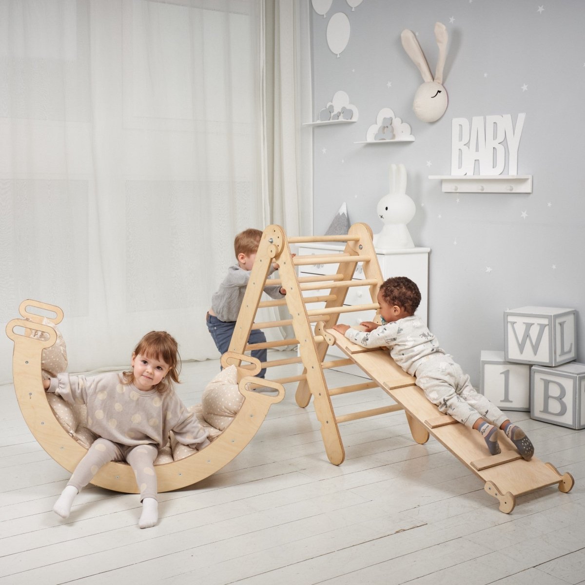 3in1 Montessori Climbing Set: Triangle Ladder + Wooden Arch + Slide Board – Beige NEW