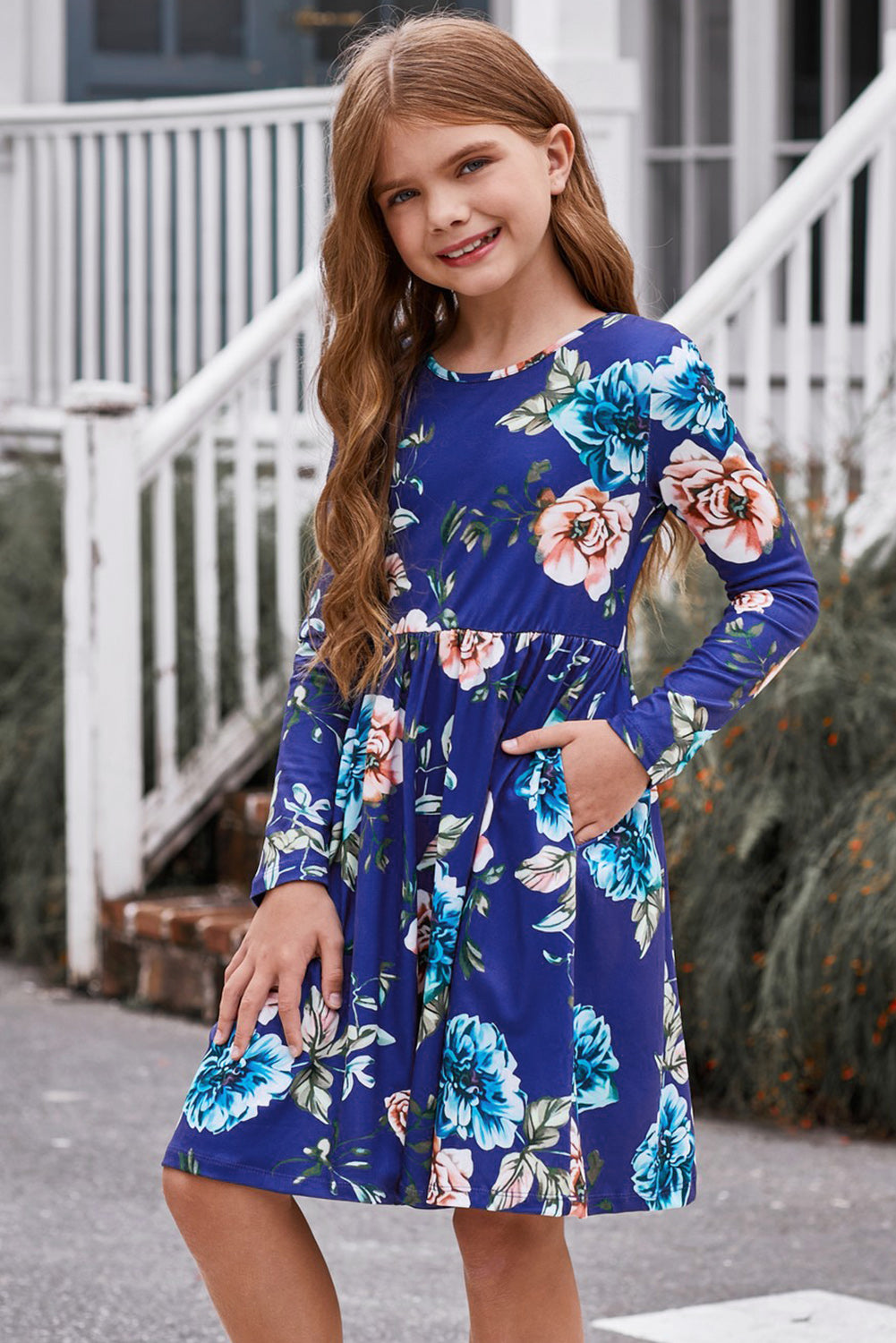 Girls Floral Long Sleeve Dress with Pockets - T - 4 SIZES - 1 COLOR -