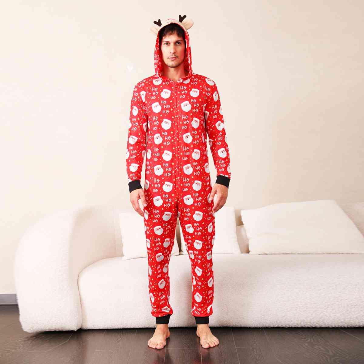 MEN Santa Print Hooded Jumpsuit - T -