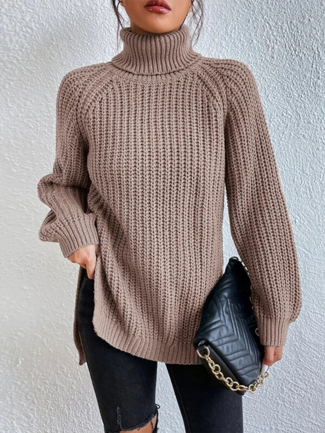 Full Size Turtleneck Rib-Knit Slit Sweater - T - 12 COLORS -