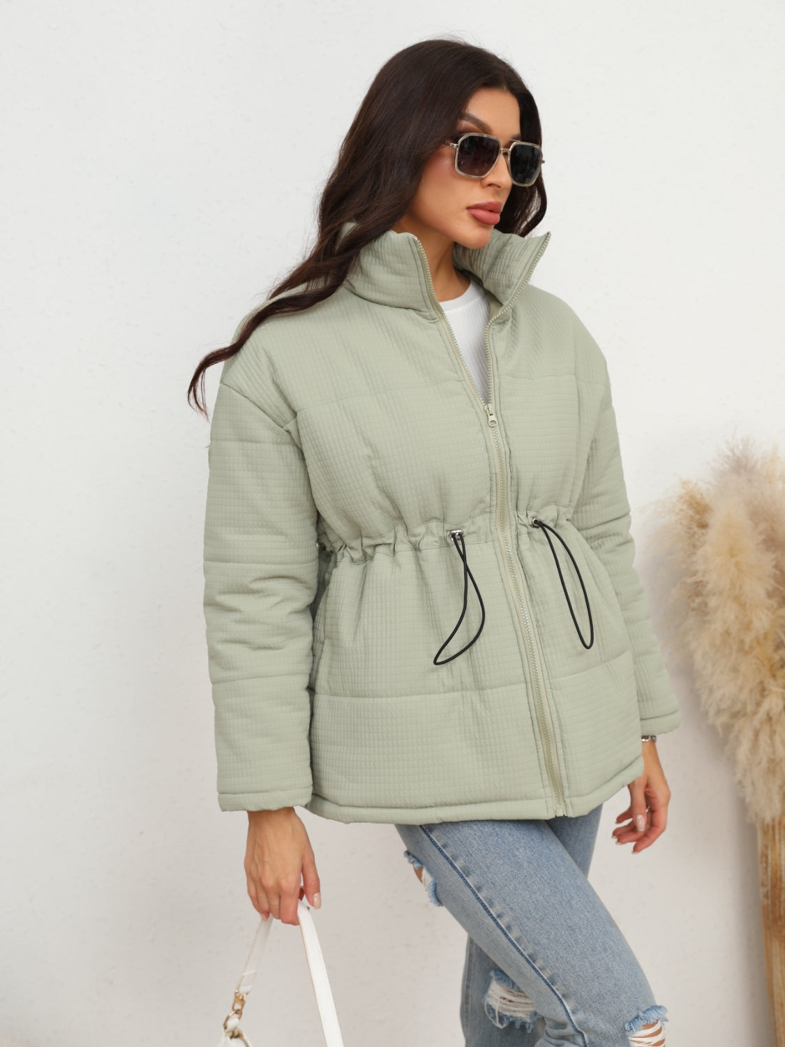 Drawstring Waist Zip-Up Puffer Jacket - T - 1 COLOR -