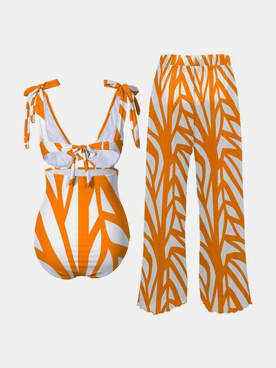 Printed Tie Shoulder Swimwear and Pants Swim Set - 2 PCS. - T - 1 COLOR -