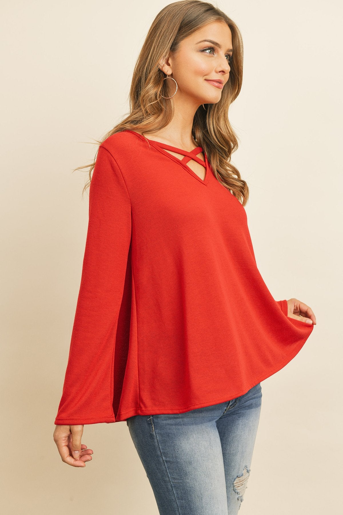 Criss Cross Neck Long Sleeve Hacci Top - 5 COLORS -