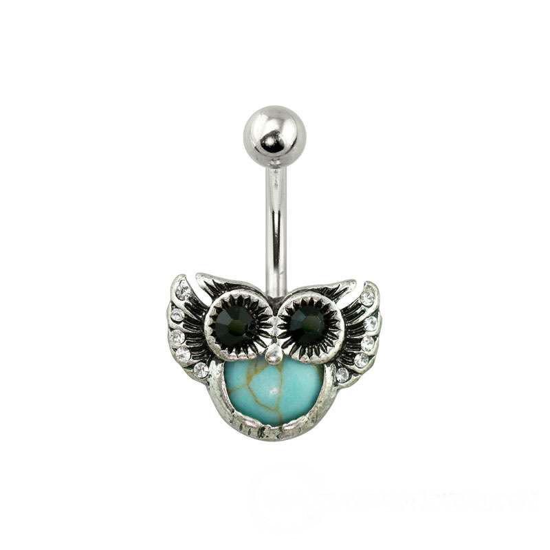 Antique Silver Turquoise Gem Owl 316L Surgical Steel Navel Ring -