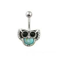 Thumbnail for Antique Silver Turquoise Gem Owl 316L Surgical Steel Navel Ring -