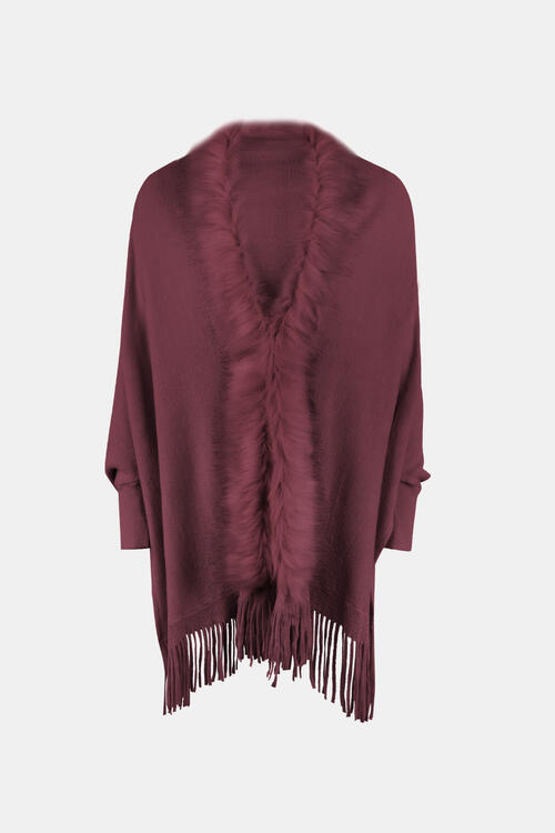 Fringe Open Front Long Sleeve Poncho - 1 SIZE - T - 6 COLORS -