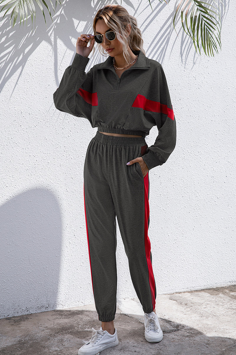 Turtle Neck Long Sleeve Zip-Up Top Long Pants Set - 2 PCS. - T - 3 COLORS -