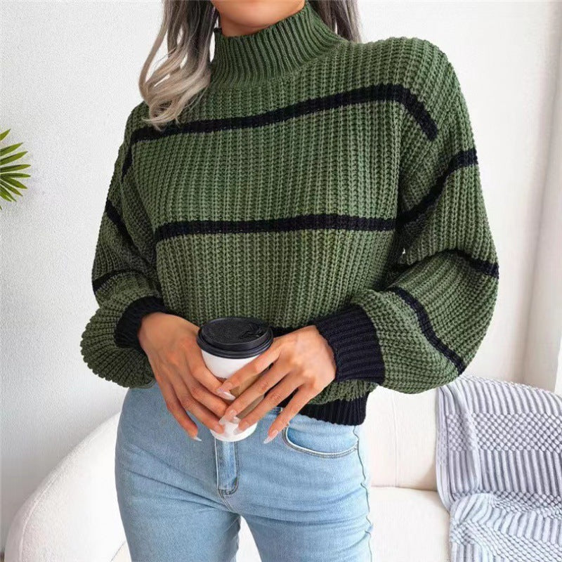 Women's Casual Striped Balloon Sleeve Turtleneck Sweater - K - 3 COLORS -