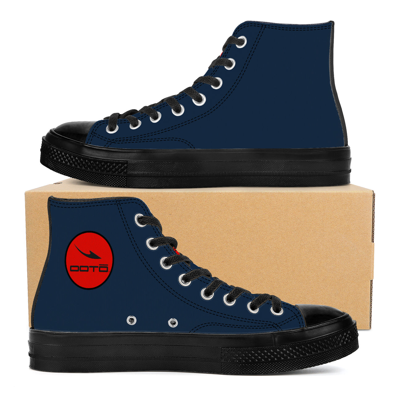 OOTO - High Top Canvas Shoes  - CLASSIC B & R ON DARK BLUE -  Black soles - 1 COLOR -