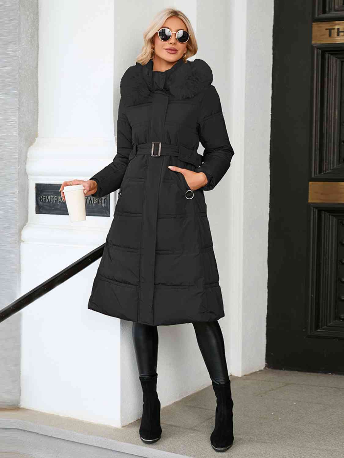 Longline Hooded Winter Coat with Pockets - T - 3 COLORS -