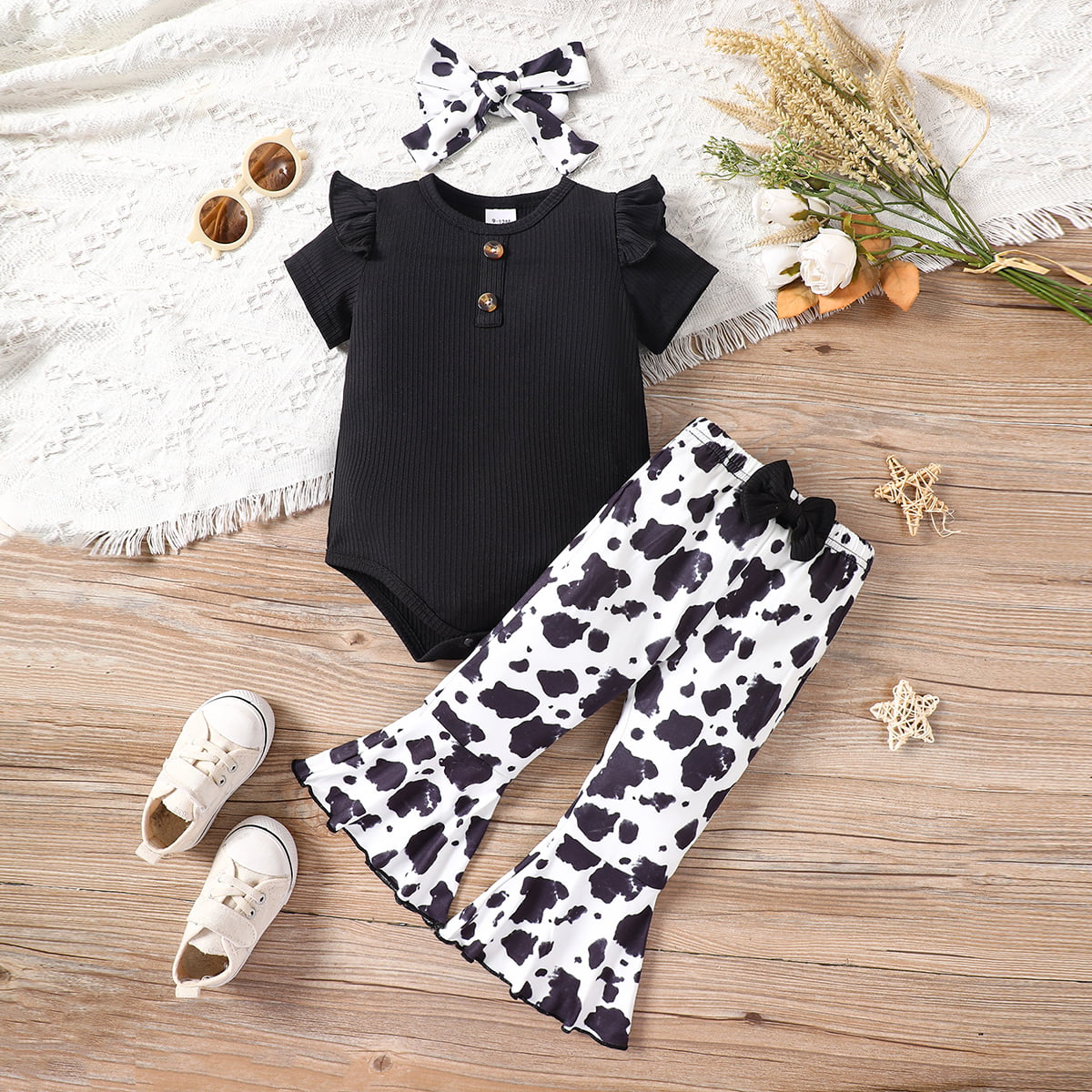 Decorative Button Ribbed Bodysuit and Printed Flare Pants Set with Headband - 3 PCS - T - 2 COLORS -