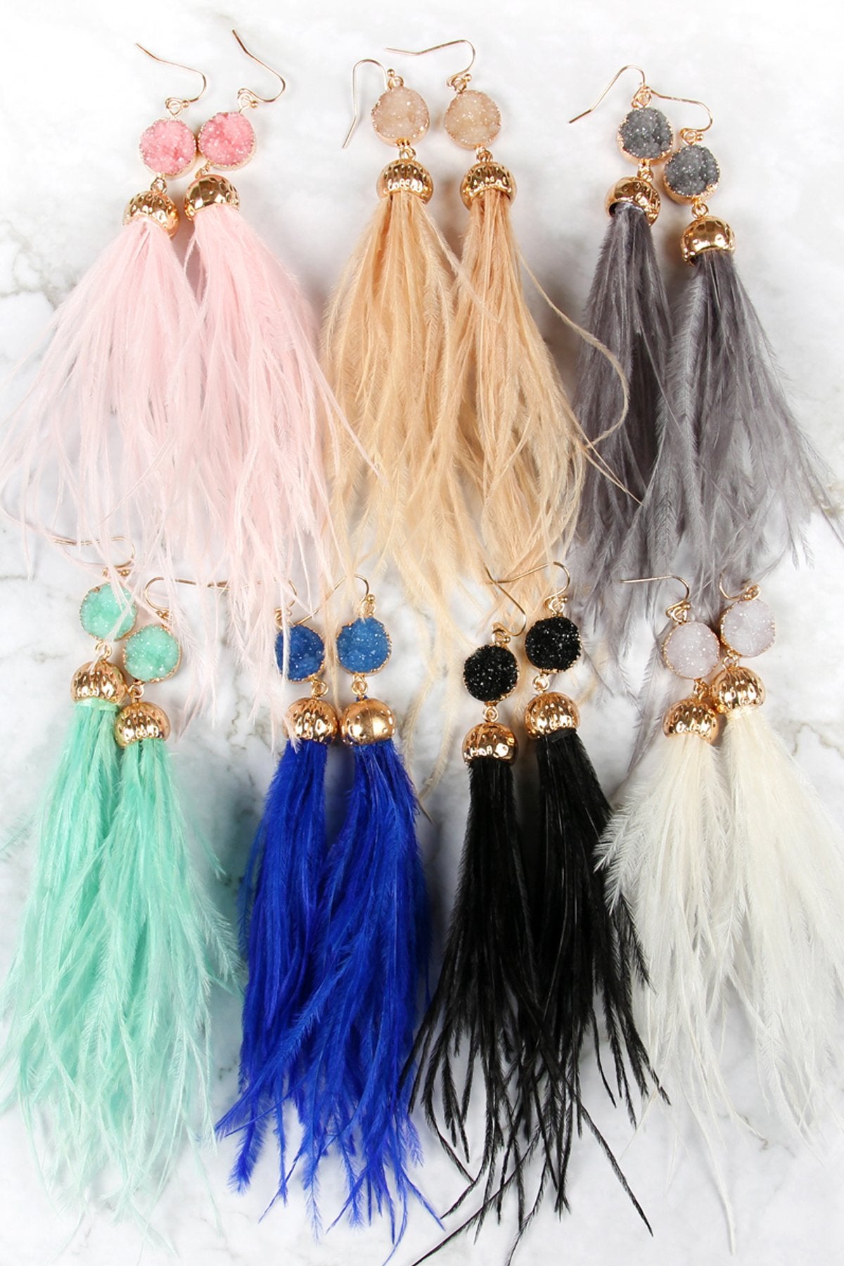 Riah Fashion - Druzy Stone Dangling Feather Earrings - 7 COLORS -