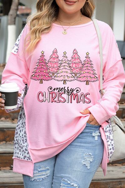 Plus Size MERRY CHRISTMAS Leopard Dropped Shoulder Sweatshirt - SIZES 1XL THRU 3 XL - T - 1 COLOR -