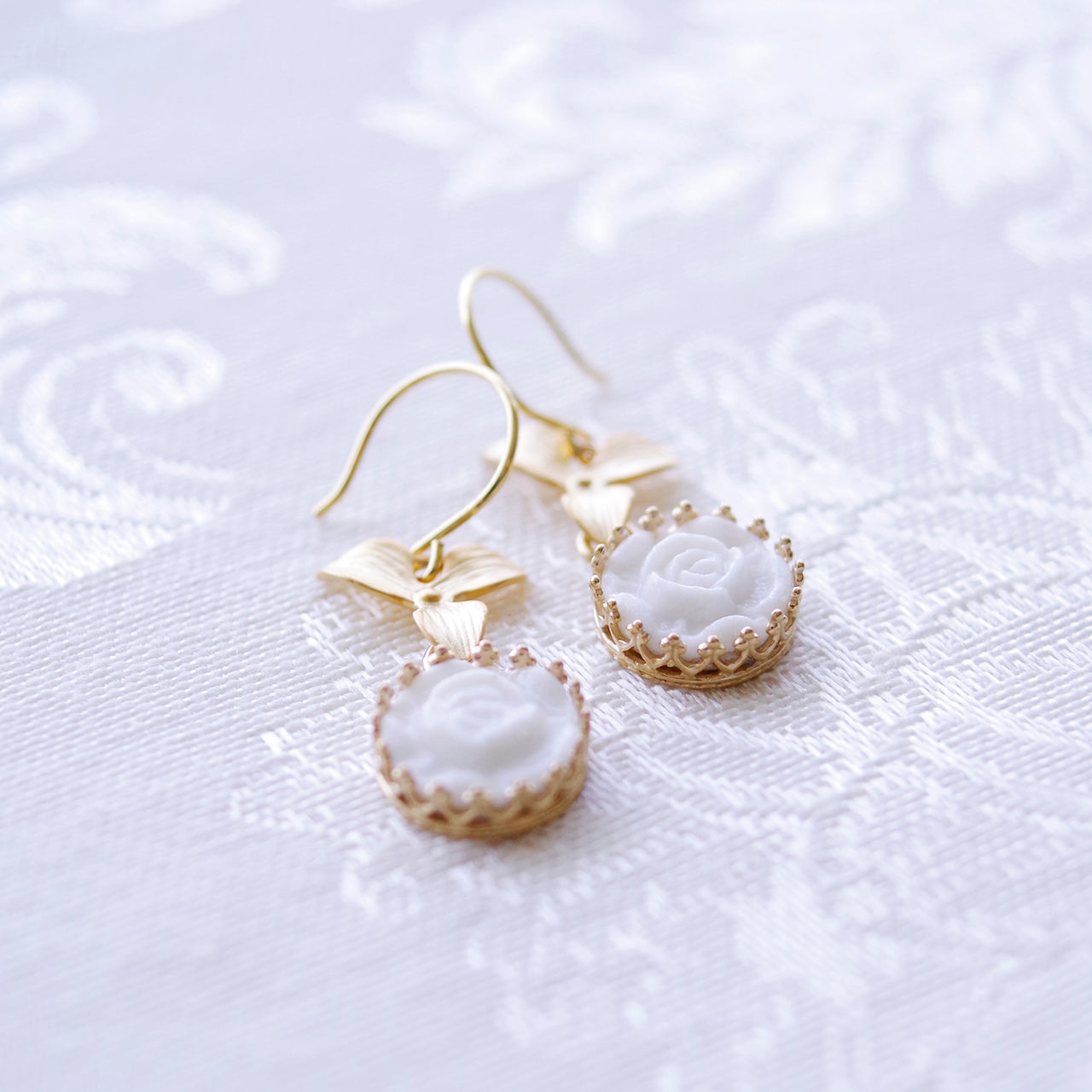 Mini Porcelain Moonlight Rose Drop Earrings -