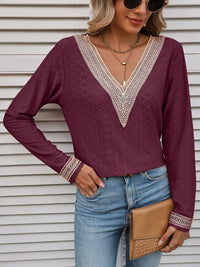 Thumbnail for Contrast V-Neck Eyelet Long Sleeve Top - T - 7 COLORS -