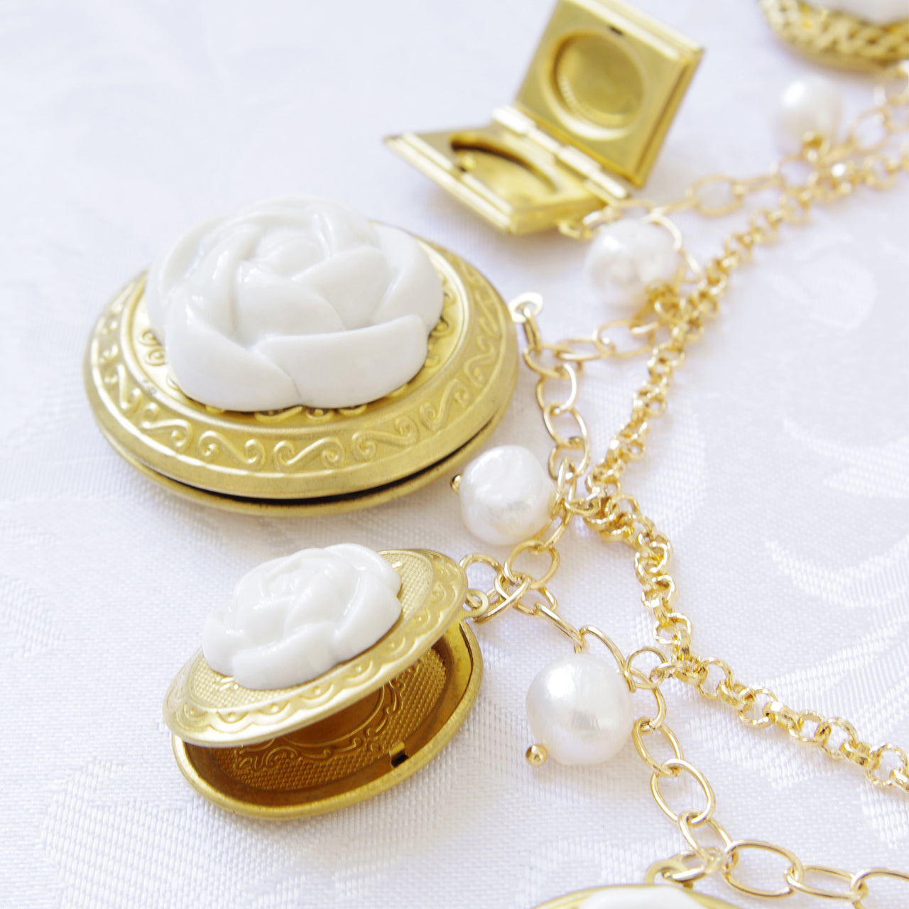 Porcelain Floral Lockets Statement Necklace -