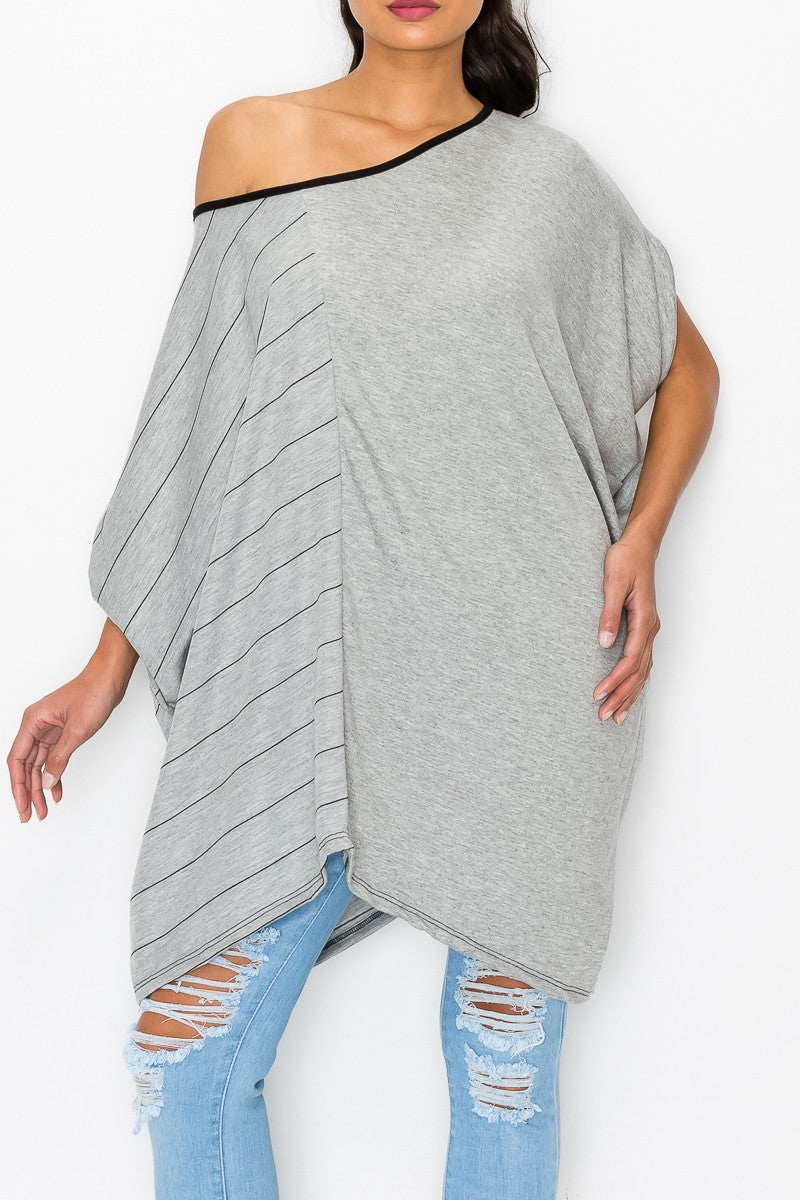 Stylespect - Stripe and Solid Contrast Oversized Top - Grey - 1 COLOR -