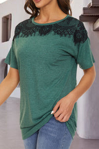 Thumbnail for Lace Detail Round Neck Short Sleeve T-Shirt - T - 4 COLORS -