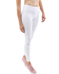 Thumbnail for Savoy - Athletique Low-Waisted Ribbed Leggings With Hidden Pocket and Mesh Panels - White - 1 COLOR -