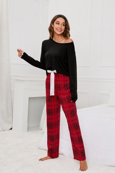 Round Neck Long Sleeve Top and Bow Plaid Pants Lounge Set - 2 PCS. - T - 3 COLORS -