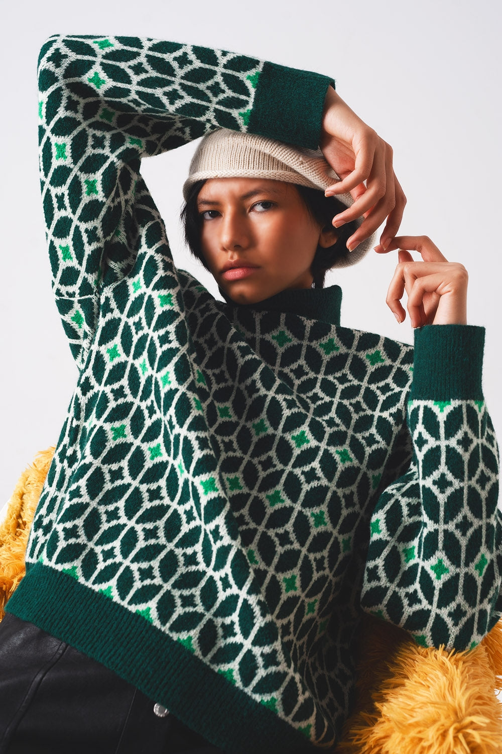 Q2 - High Neck Jumper in Geo Pattern in Green - 1 COLOR -