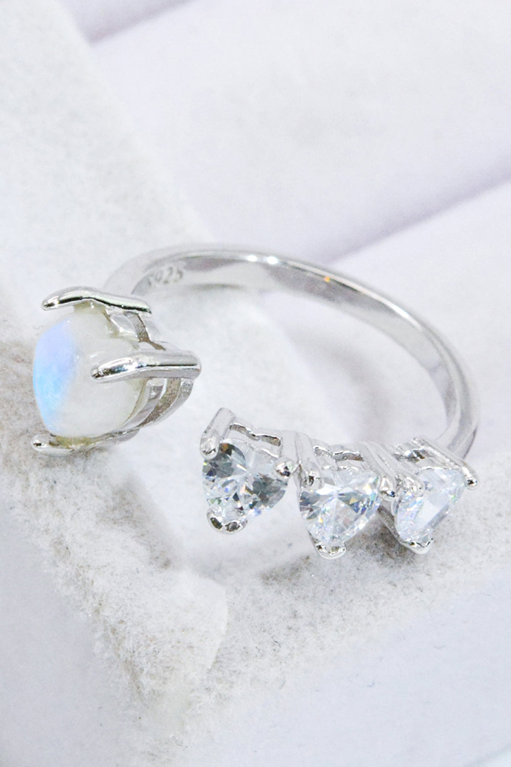 Natural Moonstone and Zircon Heart Open Ring - T - 1 SIZE FIT - 2 FINISHES -