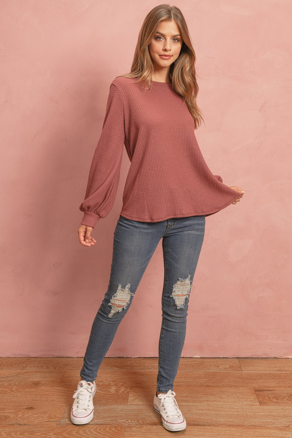 Riah Fashion - Puff Sleeved Waffle Top - 9 COLORS -