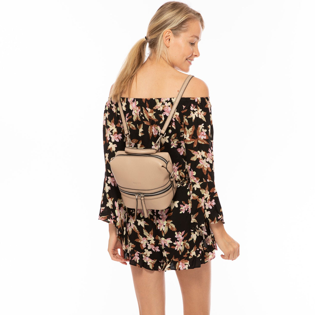 Ashley Small Leather Backpack Purse Beige -