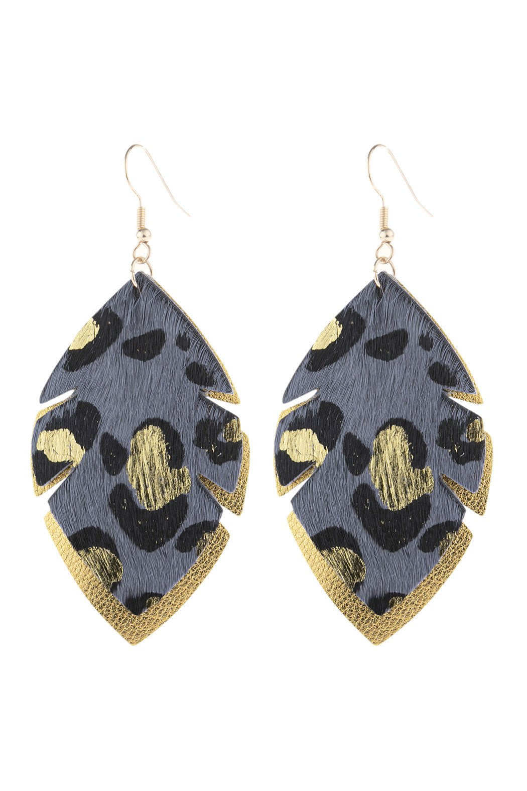 Riah Fashion - Leaf Shape Leopard Leather Drop Earrings -