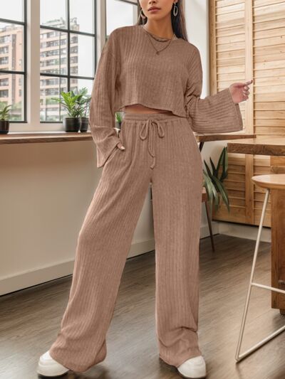 Ribbed Round Neck Top and Drawstring Pants Set - 2 PCS. - T - 7 COLORS -