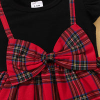 Thumbnail for Plaid Bow Detail Round Neck Dress with Headband - T- 6 SIZES - 2 COLORS -