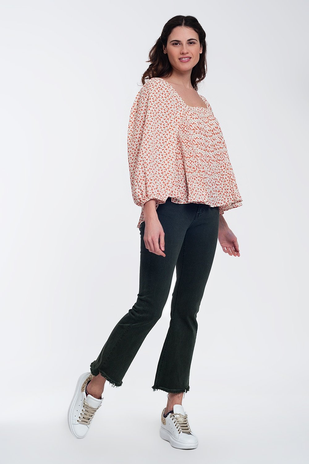 Q2 - Puff Sleeve Top With Square Neck in Coral Floral Print - 1 COLOR -