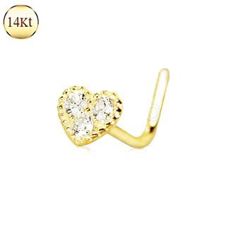 14Kt Yellow Gold Clear CZ Heart L Bend Nose Ring -