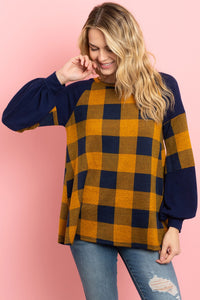 Thumbnail for Riah Fashion - Solid Contrast Puff Sleeves Plaid Top - 3 COLORS -