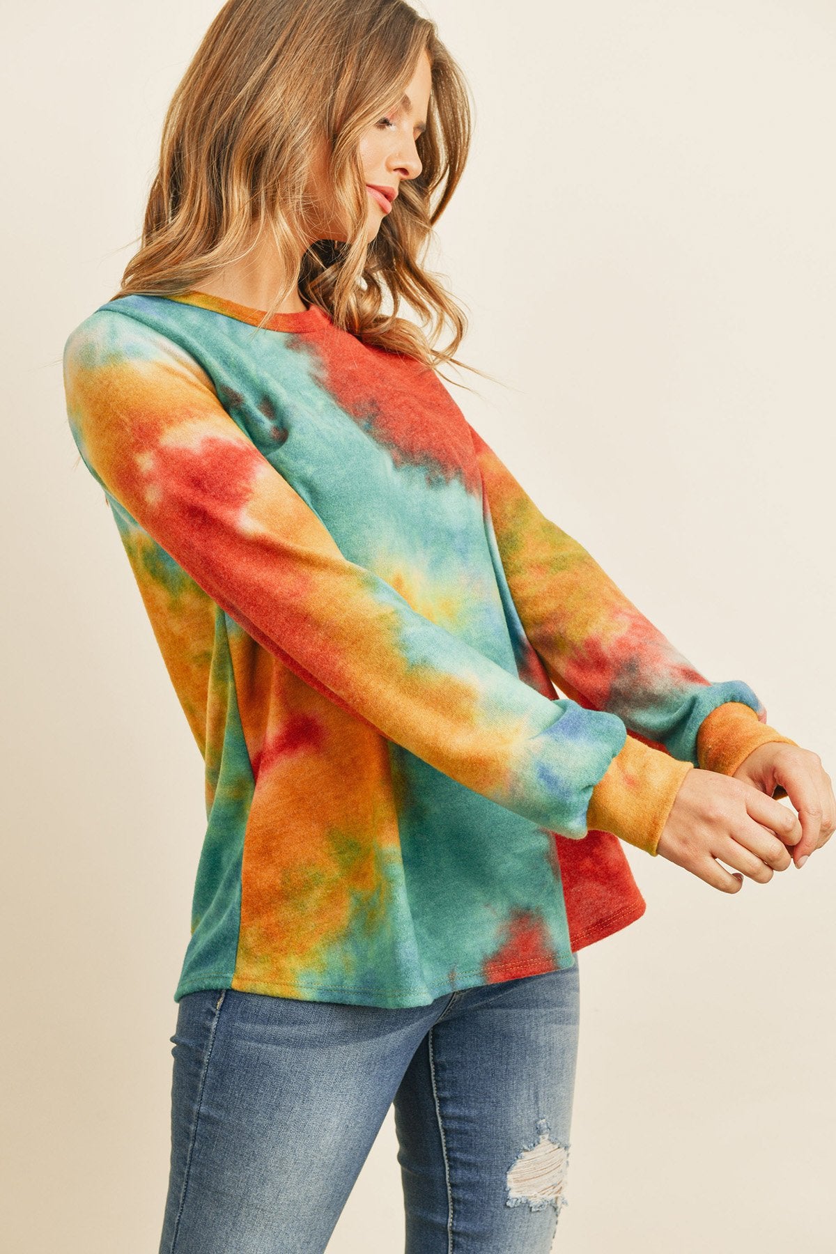 Riah Fashion - Long Sleeve Boat Neck Tie Dye Round Hem Top - 3 COLORS -