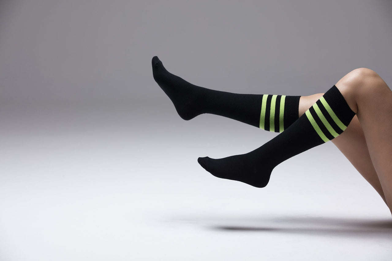 Women's Black Lime Stripe Knee High Socks - 1 COLOR -