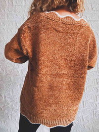 Thumbnail for Notched Dropped Shoulder Long Sleeve Sweater - T - 5 COLORS -