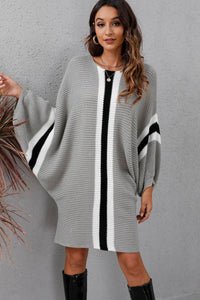 Thumbnail for Ribbed Round Neck Long Sleeve Sweater Dress - T - 4 COLORS -